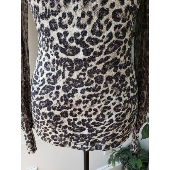 Fever Top Blouse XS Leopard Print Black & Beige Casual Mesh Sleeve Halter Neck - Picture 9 of 12